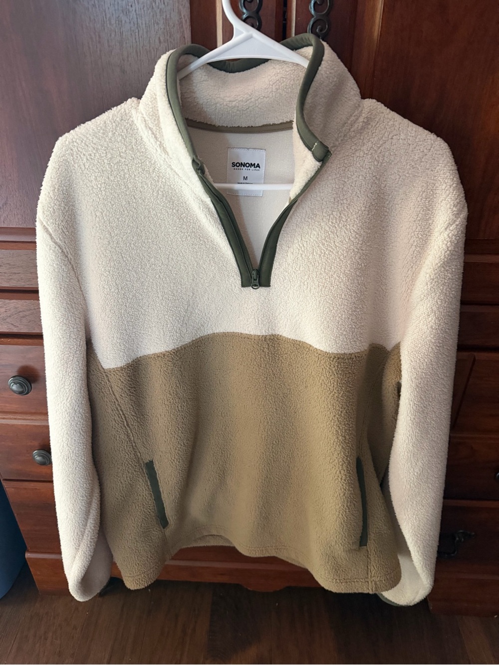 Sonoma Cream and Tan Colorblock Sherpa Quarter-Zip Pullover with Olive Trim